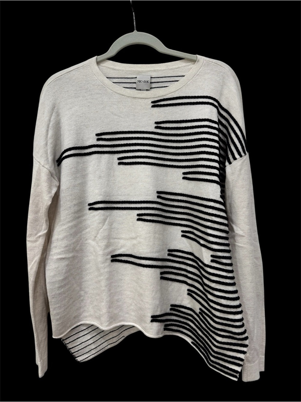 NIC+ZOE Off-White Sweater with Black Graphic Stripes